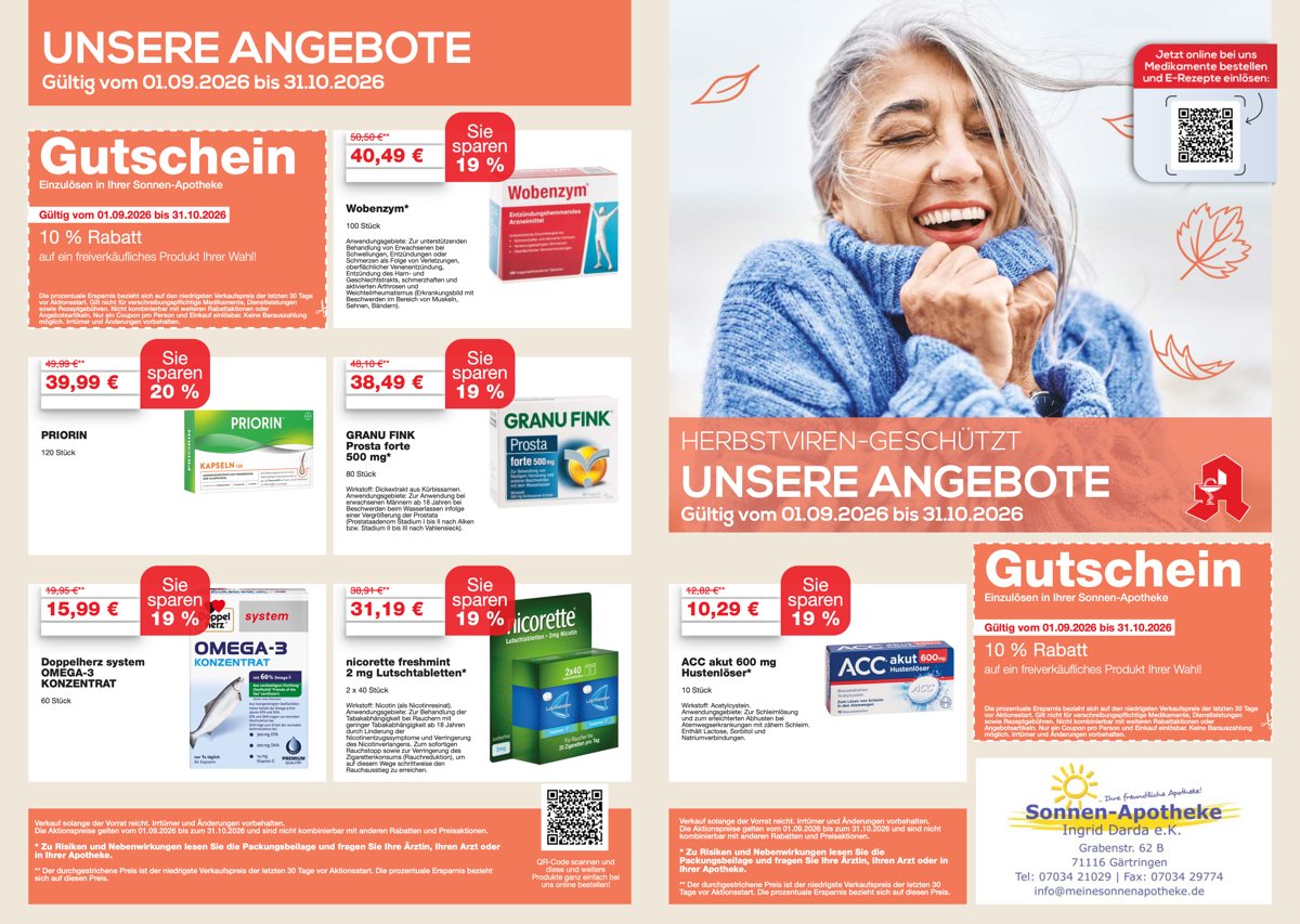 Angebotsübersicht der Sonnen-Apotheke Gärtringen mit Winter-Aktionspreisen für Erkältungsmedikamente, Rabatt-Gutscheinen sowie QR-Code zur Online-Vorbestellung über die Apotheke